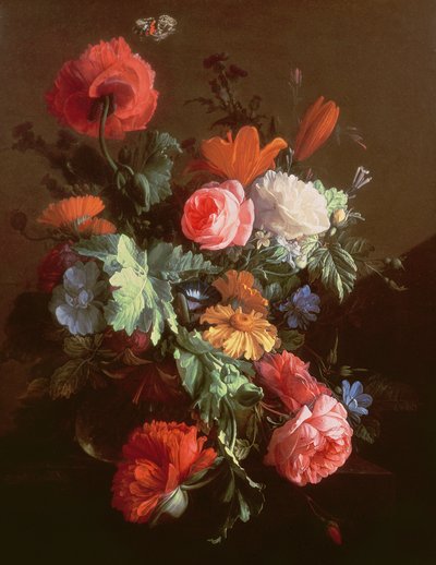 Poppies, Roses, Lilies, Daisies, a Convolvulus and Other Flowers in a Glass Bowl on a Ledge, with a Cabbage White Butterfly Above by Elias van den Broeck